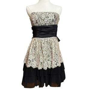 Betsey Johnson Y2k Layered lace Sequin Bow Strapless Mini Dress Size 6